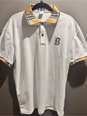 Source Unknown White Polo with Yellow Trim and Embroidered B